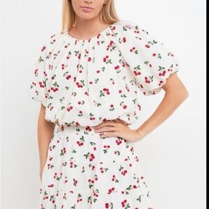 English Factory CHERRY PRINT VOLUMINOUS TOP And MINI SKIRT SET Size L